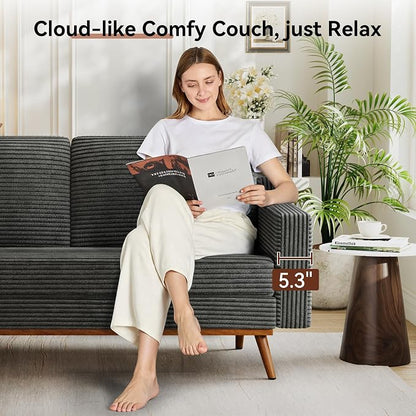 Vipbear 65.4" Loveseat Sofa,Mid-Century Modern Small Couches for Living Room, Bedroom, Office,Comfy Grey Corduroy Couch with Spring Cushion, Solid Wood Frame, Tool-Free Assembly