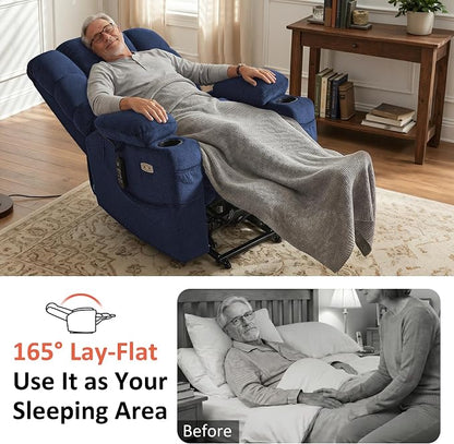 MCombo Triple Motor Lay Flat Power Lift Recliner Chair for Tall Elderly, Infinite Position, Massage, Dual Heating, Adjustable Headrest, Fabric 7634 (Navy Blue, Large)