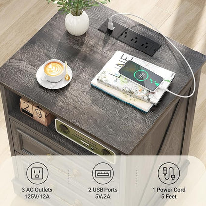 Unikito Farmhouse Nightstands Set of 2, Night Stands with Charging Station, Bedside Table with 2 Large Drawers & Vintage Handles, Side Table with Open Storage for Bedroom (Gray Oak)