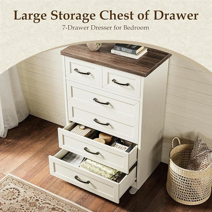 AODK Farmhouse Tall 6 Drawer Dresser for Bedroom, 5-Tier Vertical Storage Chest with Mixed Drawers, Engineered Wood Frame with Anti-Tip Safety, American Country Furniture, Walnut & Vintage White