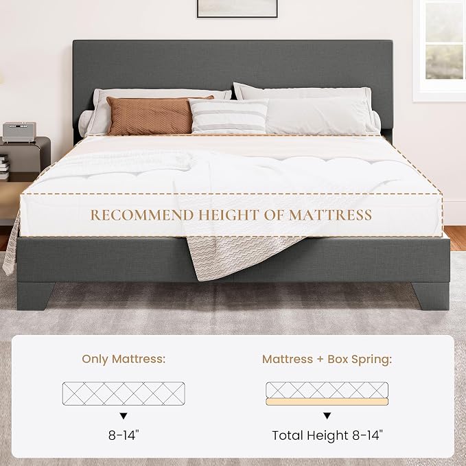 SHA CERLIN Linen Upholstered Queen Size Bed Frame with Headboard, Dark Gray | Adjustable Low-Profile Platform Bed, Minimalist Design, Stable Mattress Foundation, Strong Back-Support, No Box Spring Needed