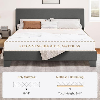 SHA CERLIN Linen Upholstered Queen Size Bed Frame with Headboard, Dark Gray | Adjustable Low-Profile Platform Bed, Minimalist Design, Stable Mattress Foundation, Strong Back-Support, No Box Spring Needed