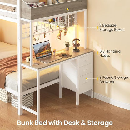 VIAGDO Bunk Bed Twin Over Twin with Charging Station and LED Lights, Heavy Duty Metal Bunk Bed with Desk and 3 Storage Drawers, Utility Storage Shelf and Boxes, No Box Spring Needed, White