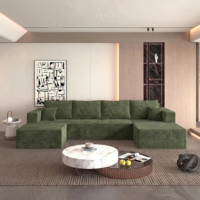 118" Modular Sectional Sofa with Chaise and Ottoman, Oversized U-Shaped Corduroy Cloud Couch, Deep Seat Boneless Couch for Living Room, No-Assembly - Green (Right Facing Chaise)