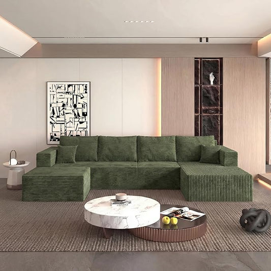 118" Modular Sectional Sofa with Chaise and Ottoman, Oversized U-Shaped Corduroy Cloud Couch, Deep Seat Boneless Couch for Living Room, No-Assembly - Green (Right Facing Chaise)