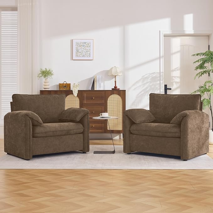 Oversized Accent Chair for Living Room, 41.73" Modern Armchair Set of 2 with Deep Seat, Mid-Century Comfy Reading Chair with Padded Arms, Large Chenille Single Sofa Chairs for Bedroom, Dark Brown