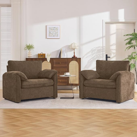 Oversized Accent Chair for Living Room, 41.73" Modern Armchair Set of 2 with Deep Seat, Mid-Century Comfy Reading Chair with Padded Arms, Large Chenille Single Sofa Chairs for Bedroom, Dark Brown