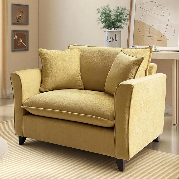 ERYE 46.9" Chenille Upholstered Accent Chair Wide Seat for Living Room Bedroom, Modern Leisure Cushion Armchair W/ 2 Pillows and Removable Cover for Home Apartment Office