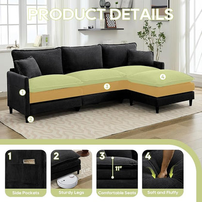 113" Chenille Modular Sectional Sofa, Convertible L Shaped Modular Sofa Comfy Cloud Couch with Ottoman, Side Pockets and 5 Throw Pillows for Living Room (Corduroy Black, 113'' - 4 Seat)