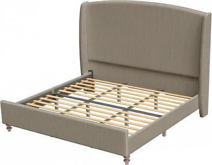 65.7" Tall Headboard California King Size Upholstered Bed Frame with Wingback, Soft Washable Corduroy Beds Cover, Solid Wood Legs, Noise-Free, No Box Spring Needed, Light Gray