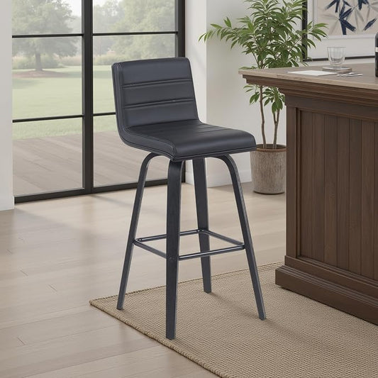 Vienna Modern Swivel Bar Height Stool with Black Faux Leather Seat and Black Brushed Wood Frame Set of 4
