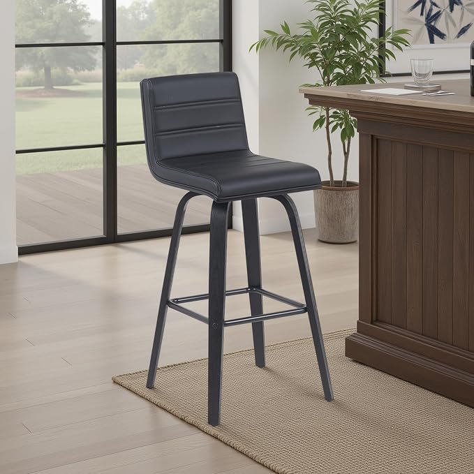 Vienna Modern Swivel Bar Height Stool with Black Faux Leather Seat and Black Brushed Wood Frame Set of 3