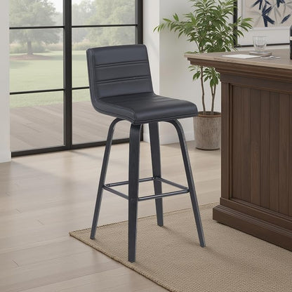 Vienna Modern Swivel Bar Height Stool with Black Faux Leather Seat and Black Brushed Wood Frame Set of 3