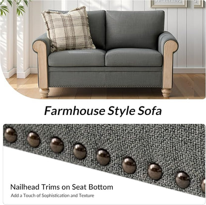 Farmhouse Loveseat with Rolled Arms,Stripe Modern Sofa with Brushed Wood Gourd Feet & Copper Nailhead Trim, Linen Fabric Upholstered Couches for Living Room, Charcoal