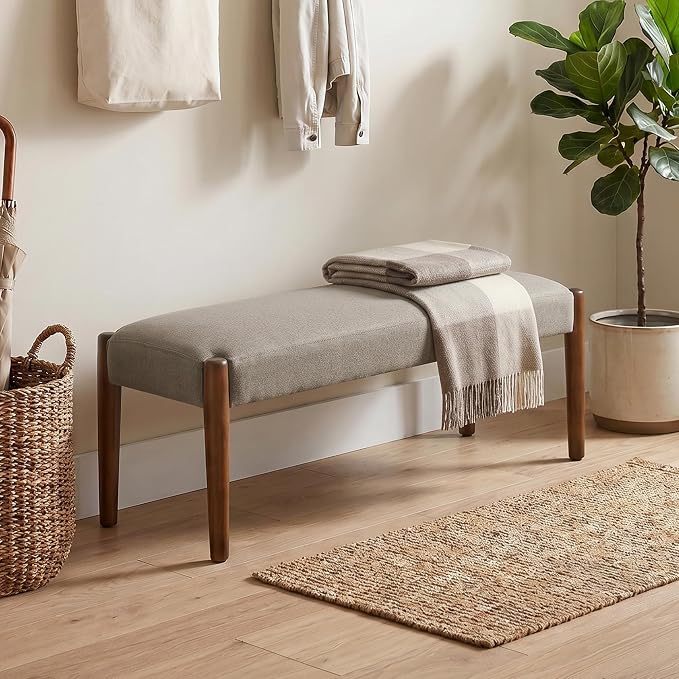 Usaint 42" End of Bed Bench, Modern Upholstered Bedroom Bench with Rubberwood Legs, Entryway Bench with Cushion, Dining Bench for Living Room, Bedroom, Brown with Walnut Leg