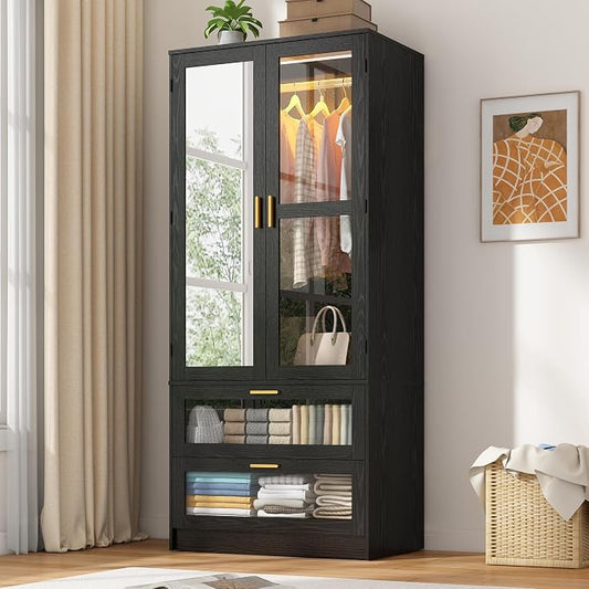 2 Doors Armoire Wardrobe Closet with LED and Mirror,71" H Freestanding Wooden Wardrobe Closet Cabinet for Bedroom w 2 Drawers,Wooden Clothing Storage Cabinet w Hanging Rod,Closets for Bedroom(Black)