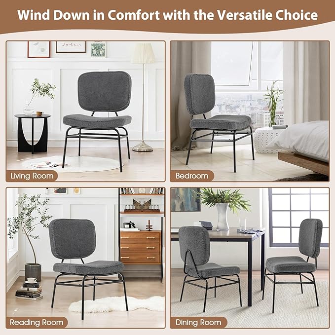 Giantex Modern Armless Accent Chair - Sherpa Reading Chair with Sponge Padding, Adjustable Foot Pads & Metal Frame, Upholstered Side Chair for Living Room, Bedroom & Reading Room, Grey