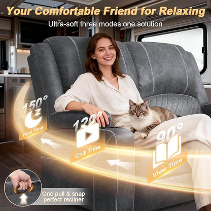RV Loveseat Recliner Wall Hugger, Manual RV Reclining Loveseat with Removable Armrest, 3X Adjustable Theater Wall Hugger Loveseat Recliners with USB Ports, Cup Holders, Multi-Storage (Velvet,Grey)