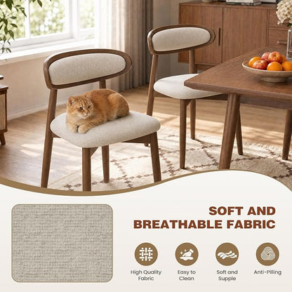 Wooden Dining Chairs Set of 2, Modern Fabric Upholstered Dining Room Chair, Kitchen Side Chairs, Farmhouse Dinner Chair with Curved Back for Kitchen, Beige