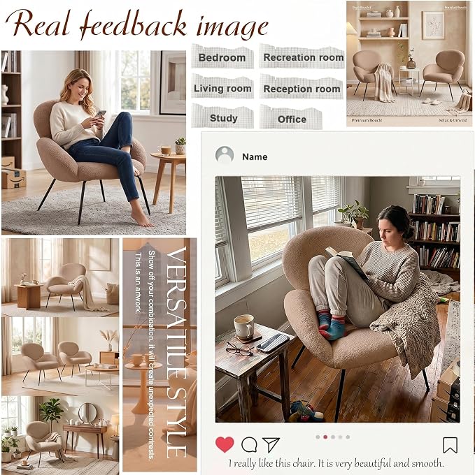 Accent Chair, Cloud Accent Chair for Bedroom, Boucle Fabric (Camel) | Comfy Bedroom Chair with Love Back and Sturdy And Durable Solid-Wood Frame/ Study Room / Bedroom / Living Room /(Cream Style)