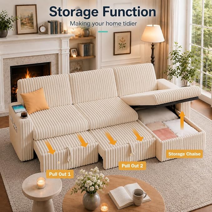 Vipbear 101" Sectional Sleeper Sofa with Pull Out Bed,5-Level Adjustable Backrest,3 Seat Modular Couch with Storage,Tool Free Assembly,USB & Cup Holders, Corduroy Sofa for Living Room,Beige