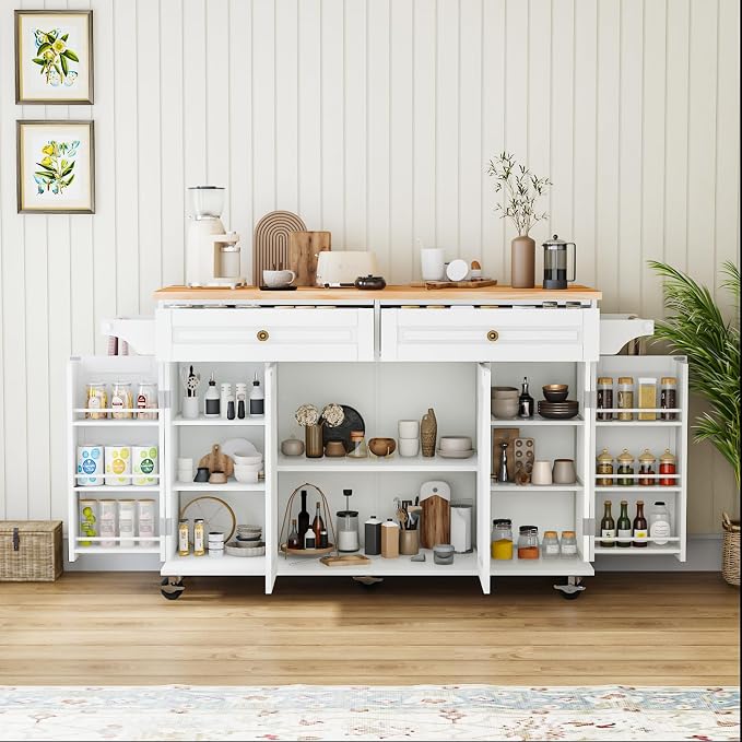59 Kitchen Island Cart with Drop Leaf Breakfast Bar, Rolling Mobile Kitchen Island Table on Wheels with Storage Cabinet, Drawer, Spice/Towel Rack, White