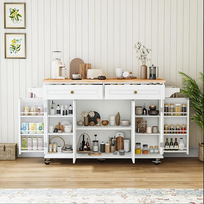 59 Kitchen Island Cart with Drop Leaf Breakfast Bar, Rolling Mobile Kitchen Island Table on Wheels with Storage Cabinet, Drawer, Spice/Towel Rack, White