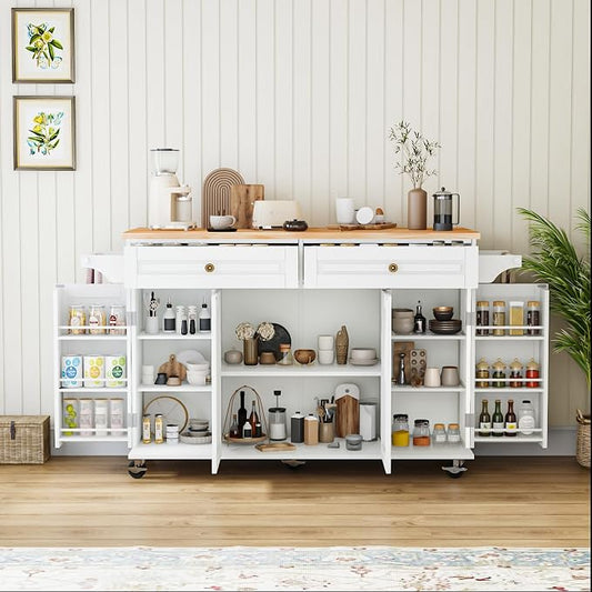 59 Kitchen Island Cart with Drop Leaf Breakfast Bar, Rolling Mobile Kitchen Island Table on Wheels with Storage Cabinet, Drawer, Spice/Towel Rack, White