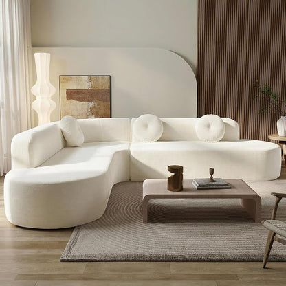 122'' Sectional Sofa,Extra Large Sofa with Soft Fabric Upholstery, Elegant Curved Design with Three Round Cushions, High-Resilience Foam for Ultimate Comfort,Beige