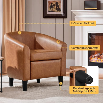 Topeakmart Leather Accent Chair, PU Leather Modern Barrel Chair Club Armchair with Soft Padded for Living Room Bedroom, Brown, Set of 2