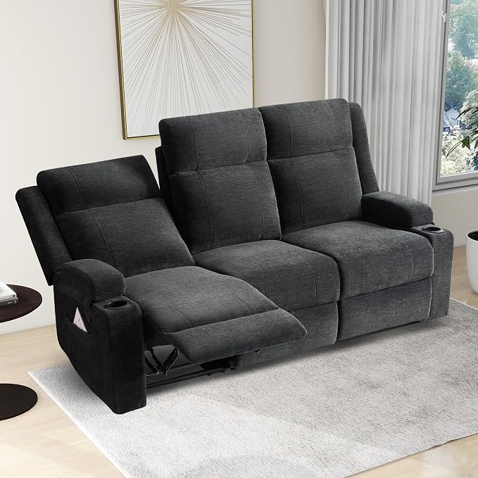 GUEAPY Large Manual Reclining Sofa – 3-Seater Chenille Reclining Couch with Cup Holders, Wide Seat, Easy Assembly & Spill-Resistant Fabric – Cozy Reclining Sofa for Living Room, Apartment, RV（Black）