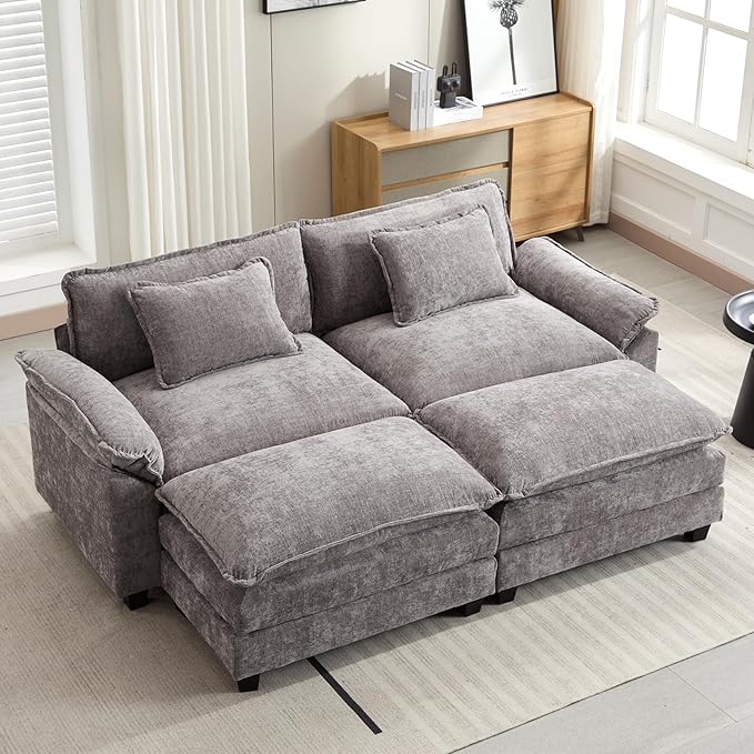 Oprisen 86" Modular Sectional Sofa, Comfy Cloud Couch Sectional Sofa with Ottomans, Chenille Sofa Sleeper Deep Seat Sofa with Throw Pillows for Living Room (Lgiht Grey)