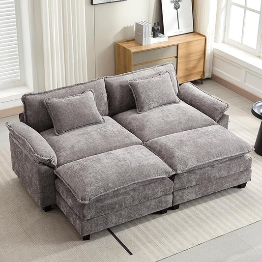 Oprisen 86" Modular Sectional Sofa, Comfy Cloud Couch Sectional Sofa with Ottomans, Chenille Sofa Sleeper Deep Seat Sofa with Throw Pillows for Living Room (Lgiht Grey)