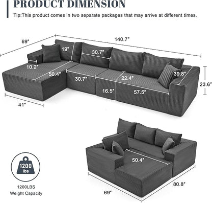 Mangodan 140” Cloud Sectional Couch, Modular Sectional Sofa with Deep Seat, Boneless Sofa for Living Room, Fluffy Comfy L-Shaped Couch with Left Facing Chaise, No Assembly Required, Grey