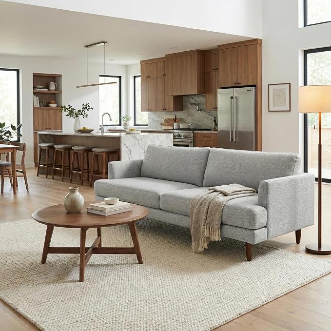 SIMPLIHOME Livingston 90-inch Wide Sofa in Mist Grey Woven-Blend Fabric, Handcrafted Mid-Century Modern Oversized 3-Seater Couch Sofa for Living Room or Family Room, Solid Wood Frame