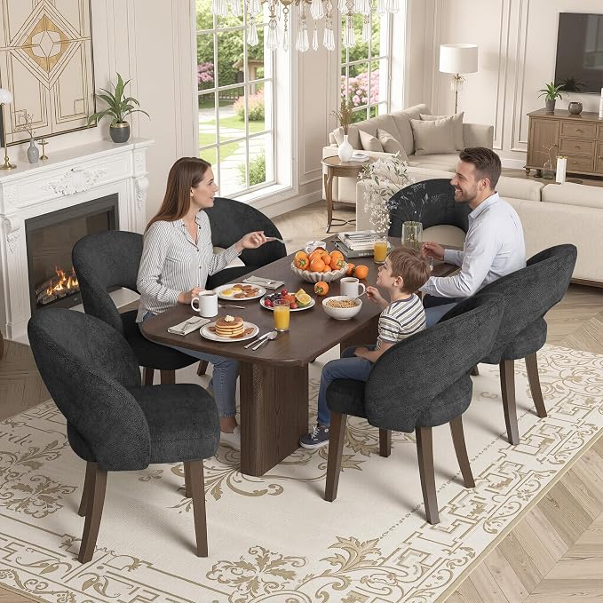 Dining Chairs Set of 6, Mid Century Modern Dining Chairs with Solid Wood Legs, Curved Back Kitchen Chair Farmhouse Side Upholstered Chairs for Kitchen Dining Room, Black