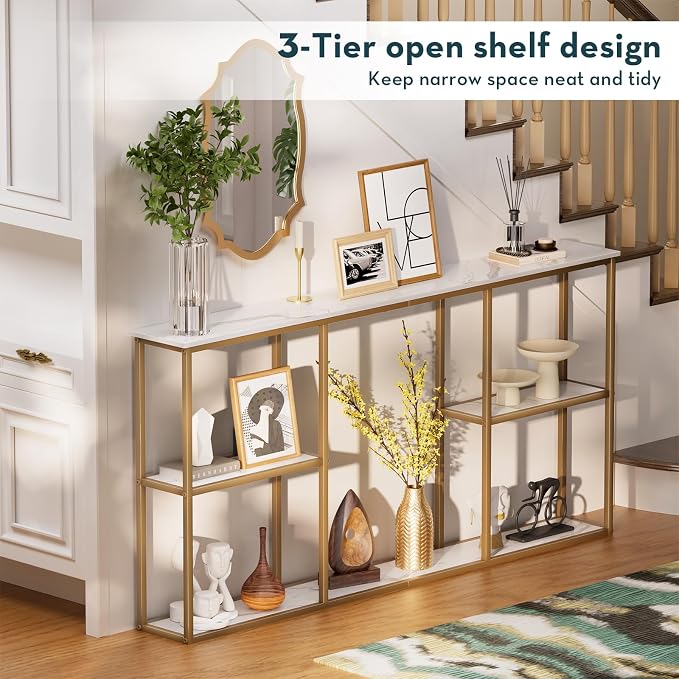 WOHOMO Gold Console Table, 3-Tier Small Entryway Table for Hallway, Narrow Sofa Table Behind Couch for Living Room, Entrance (63 inch)
