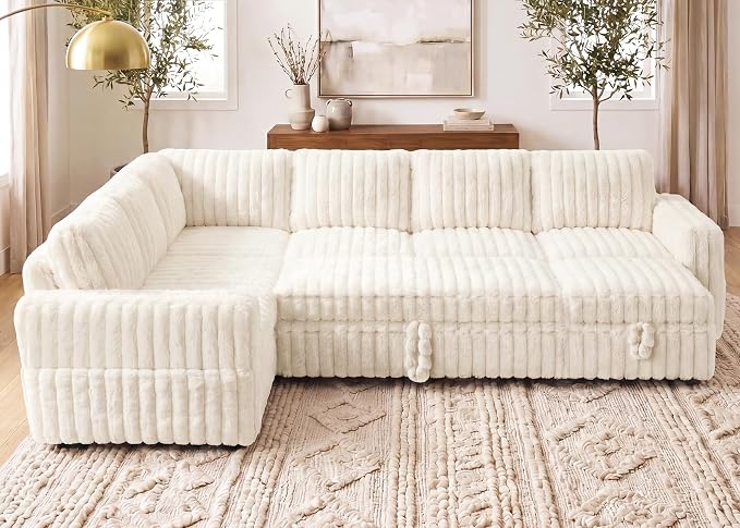 HONBAY Plush Corduroy Modular Sectional Sofa with Pull Out Bed, Convertible U Shaped Couch with Storage,Sleeper Sectional Couches for Living Room,Plush Beige