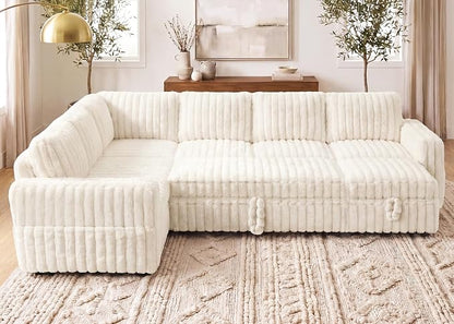 HONBAY Plush Corduroy Modular Sectional Sofa with Pull Out Bed, Convertible U Shaped Couch with Storage,Sleeper Sectional Couches for Living Room,Plush Beige