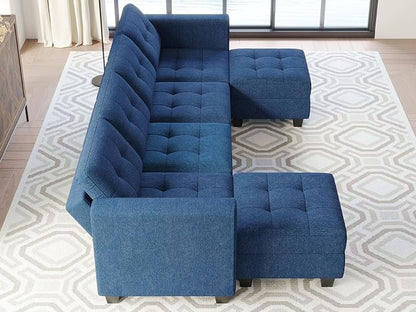 Belffin Reversible Storage Modular U-Shape Sectional Sofa Couch with Double Chaises Modular Sectional Sofa Set with Ottomans Fabric Blue