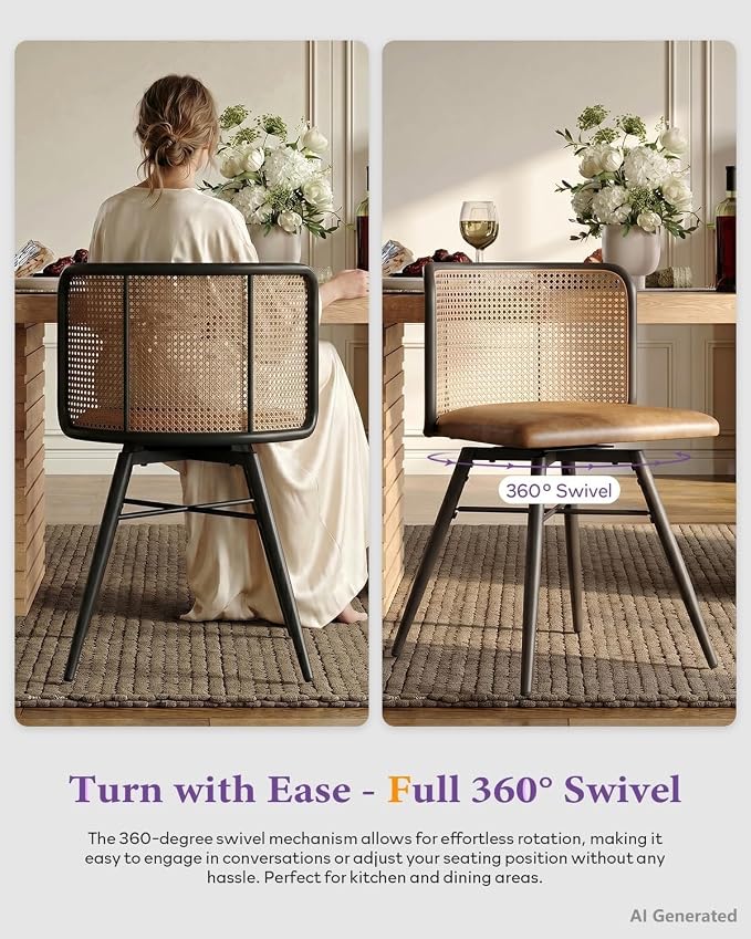 TYBOATLE Swivel Rattan Dining Chairs Set of 4 (Brown) | Farmhouse, Boho, Rattan Woven Back, Faux Leather Seat, Metal Legs, Upholstered, Kitchen, Dining Room