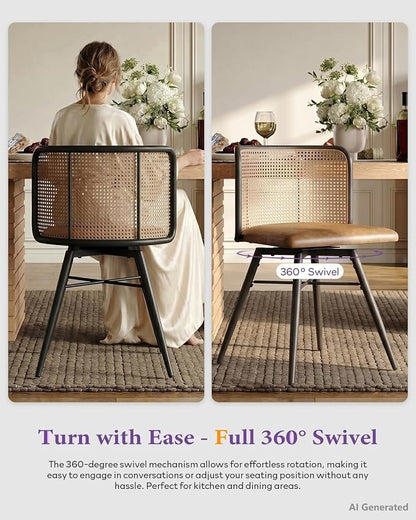 TYBOATLE Swivel Rattan Dining Chairs Set of 2 (Brown) | Farmhouse, Boho, Rattan Woven Back, Faux Leather Seat, Metal Legs, Upholstered, Kitchen, Dining Room