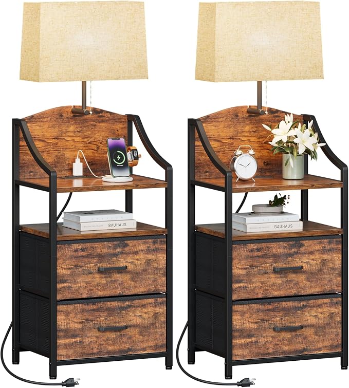 Evermagin 45" Tall Nightstand with Charging Station & Light, Night Stand with 2 Fabric Drawer & Storage Shelf, Bedside Table End Table with USB Ports and Outlets for Bedroom, Dorm, Rustic Brown