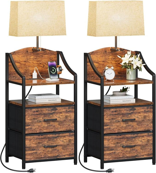 Evermagin 45" Tall Nightstand with Charging Station & Light, Night Stand with 2 Fabric Drawer & Storage Shelf, Bedside Table End Table with USB Ports and Outlets for Bedroom, Dorm, Rustic Brown