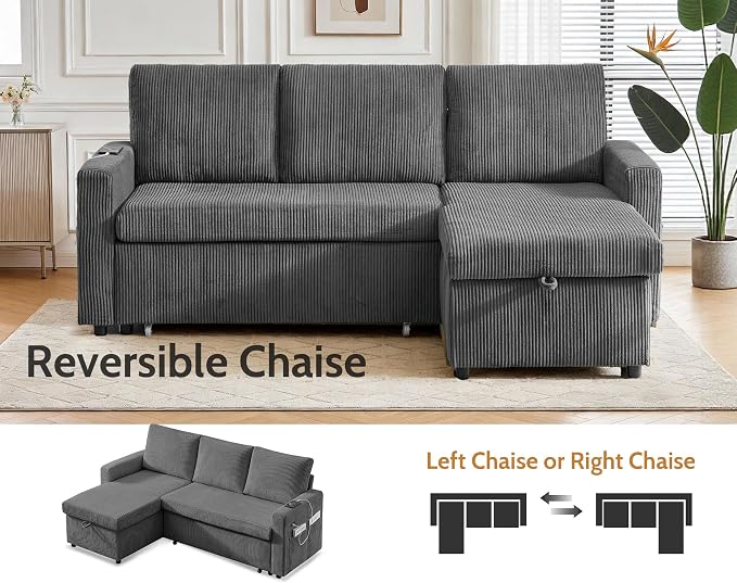 WEUP 82" L Shaped Sectional Sleeper Sofa Bed with Pull Out Bed, Sectional Sleeper Couch Pull Out Couch with Reclining Backrest/Reversible Storage Chaise/USB Ports/Tool-Free Assembly, Corduroy Grey