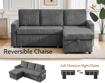 WEUP 82" L Shaped Sectional Sleeper Sofa Bed with Pull Out Bed, Sectional Sleeper Couch Pull Out Couch with Reclining Backrest/Reversible Storage Chaise/USB Ports/Tool-Free Assembly, Corduroy Grey