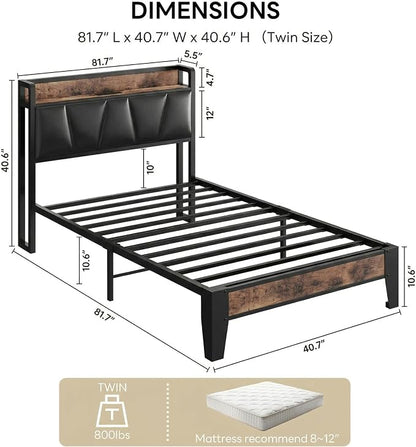 LIKIMIO Twin Bed Frame, Storage Headboard with Charging Station, Solid and Stable, Noise Free, No Box Spring Needed, Easy Assembly (Vintage and Black)