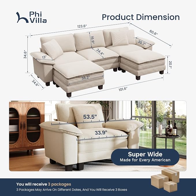PHI VILLA Cloud Modular Couch Sets, 123.6" Oversized Sectional Sofa with U-Shaped Chaise, 5-Seater Couches with 2 Movable Ottomans for Living Room, Chenille Beige