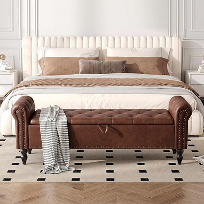 Furniliving 63” End of Bed Storage Bench, Bedroom Bench with Button-Tufted, Upholstered Storage Ottoman Benches Window Bench with Storage, Leather Bench for Living Room, Entryway, PU, Darkbrown