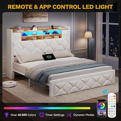 YITAHOME Queen Size Bed Frame with 2 Storage Drawers and Storage Headboard, Upholstered Platform with Charging Station and LED Light, No Box Spring Needed, Noise Free, Easy Assembly, Velvet White